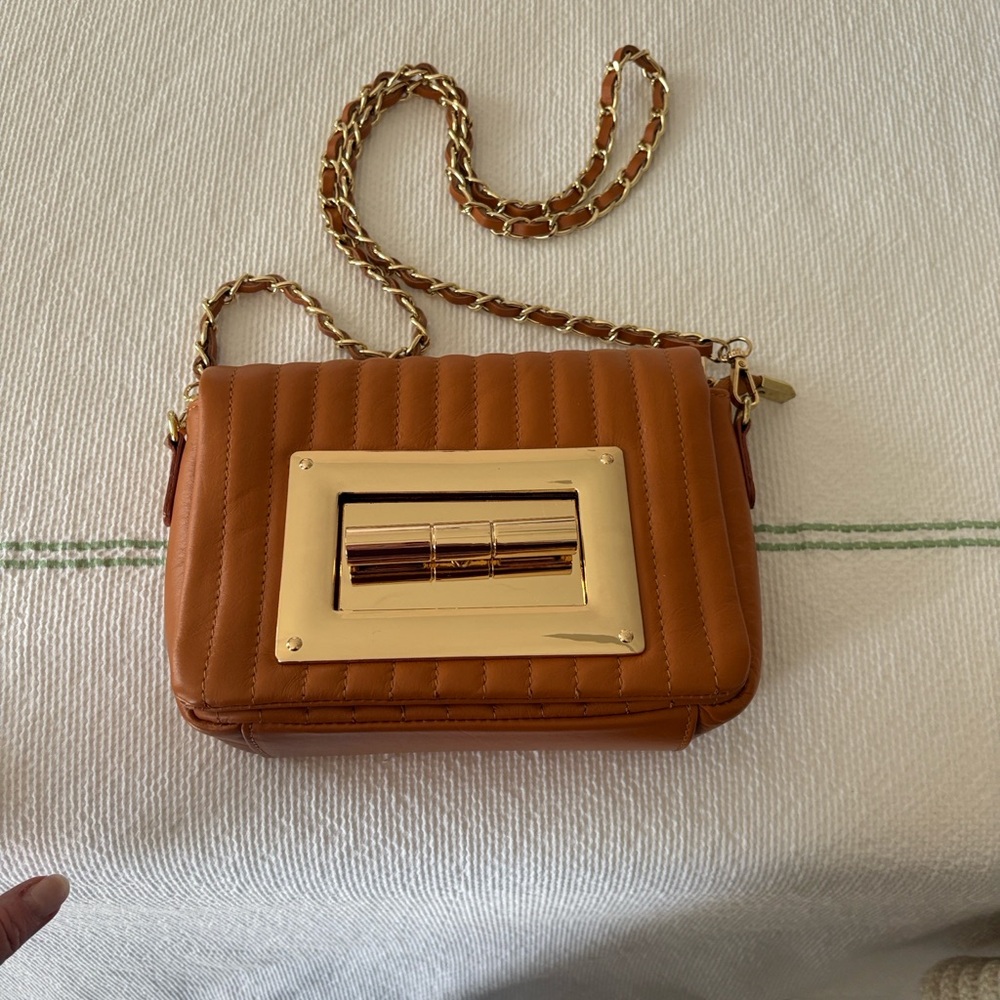 Valenti Franco Tan Quilted Crossbody Bag with Gold Accents